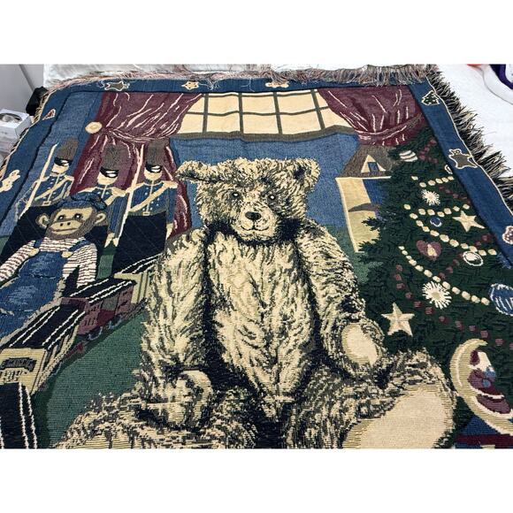 Vintage Christmas Tapestry Throw Blanket Teddy Train Soldiers Fringe Nostalgic - Picture 9 of 15